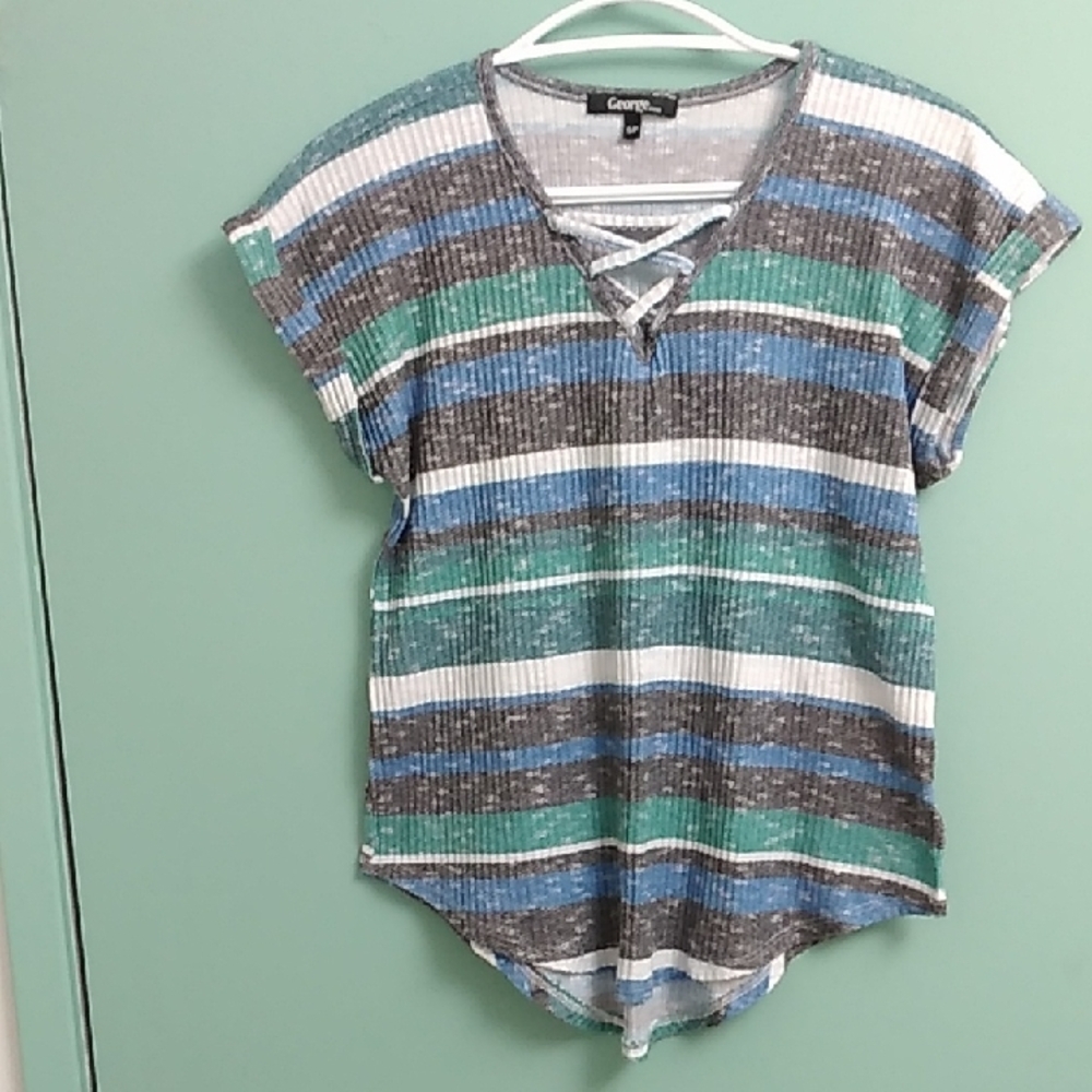 George Striped Short Sleeve Top - Green, Blue, Black